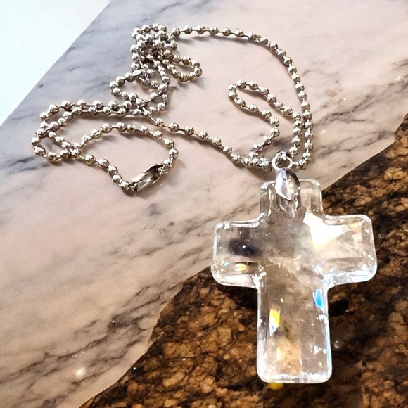 Crystal Clear Geometric Cross Necklace with silver toned Beaded Chain 22” - Picture 1 of 17